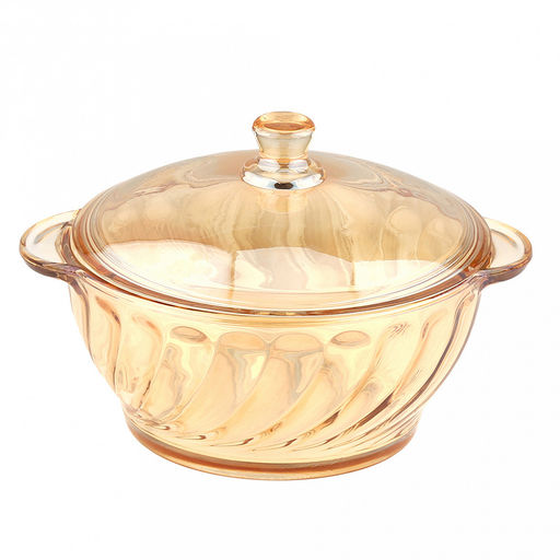 Кастрюля стеклянная "Вираж" 0,9мл, д15,8см, h7,6см, основание д11,2см, общая h12,5см, стеклянная крышка, 2 ручки, янтарный перламутровый, в коробке (Китай)