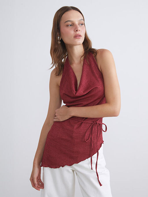 Halter Yaka Dokulu S?rt? Pencereli Bluz