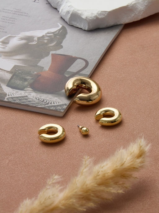 Серьги и кафф QF Бублики трио, набор 4 шт. цвет золото  фото 4