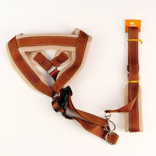 Комплект амуниции светоотражающий с мягкими шлейкой и ручкой, поводок 120 х 2 см, ОШ 46-69 см, корич - Пижон фото 6