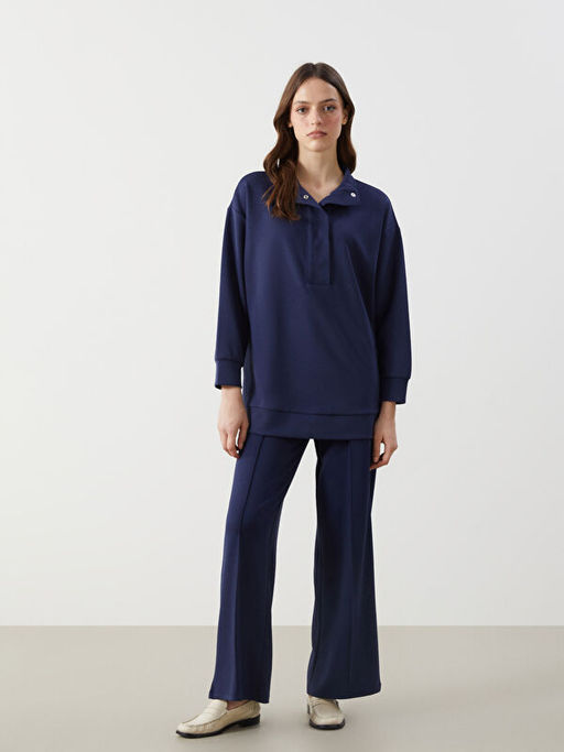Dik Yaka D?z Oversize Kad?n Sweatshirt Tunik