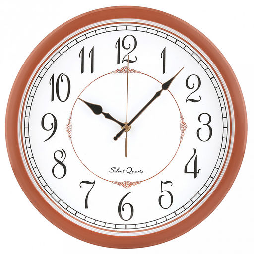 Часы настенные Гран-маркиз д31-33см, h5,4см, мягкий ход, циферблат белый; цифры арабские, черный; корпус пластик, светло-коричневый под дерево, в коробке (Китай)