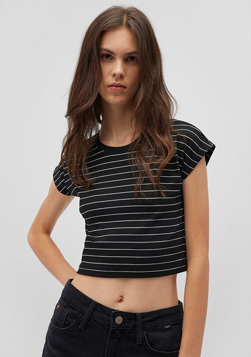 Siyah Cizgili Basic Tisort - Mavi фото 2