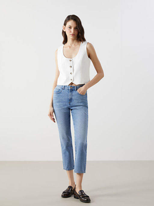 U Yaka Keten Kar???ml? Kad?n Klasik Yelek