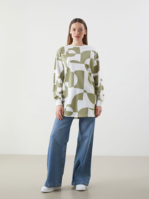 Bisiklet Yaka Desenli Oversize Kad?n Sweatshirt Tunik