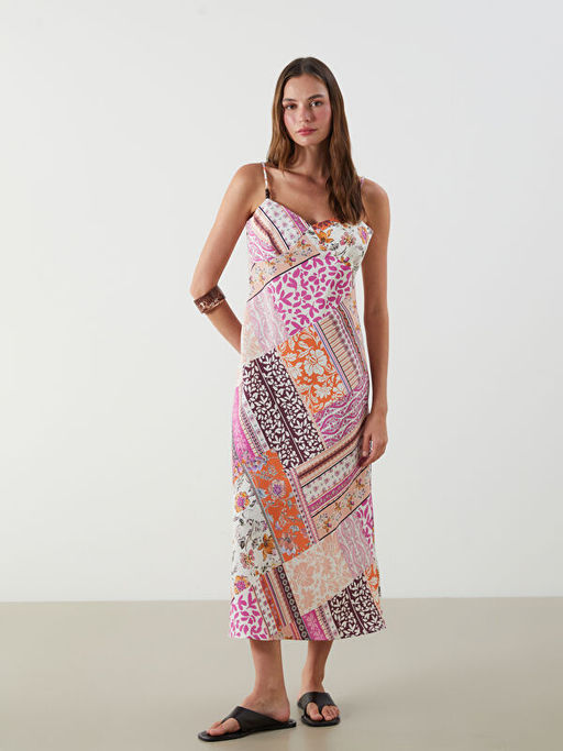 V Yaka Desenli Ask?l? Modal Kar???ml? Elbise