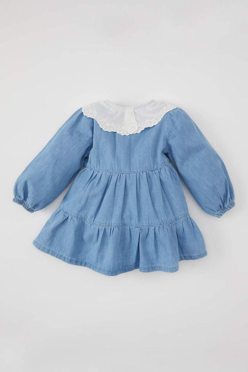 Джинсовое платье с широким кружевным воротником и длинными рукавами для маленьких девочек - Defacto фото 9