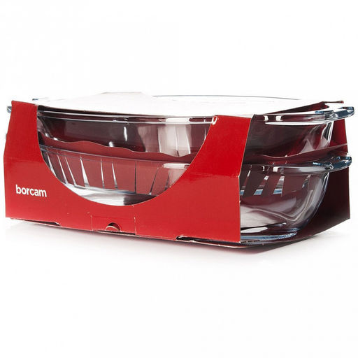 "Боркам (Borcam)" Утятница стеклянная жаропрочная 2л 19х33х6см, стеклянная крышка 2л - 19х33х5,5см, овальная, цветной картон, Pasabahce (Турция)