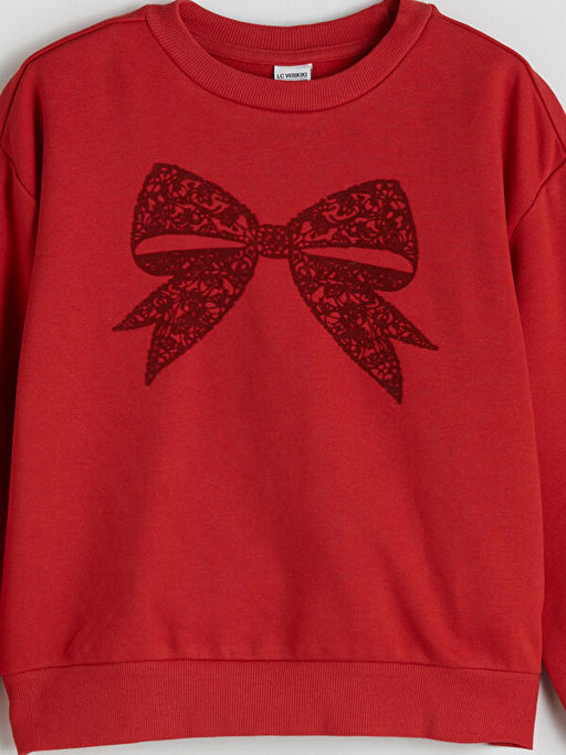 Bisiklet Yaka Fiyonk Bask?l? K?z ?ocuk Sweatshirt