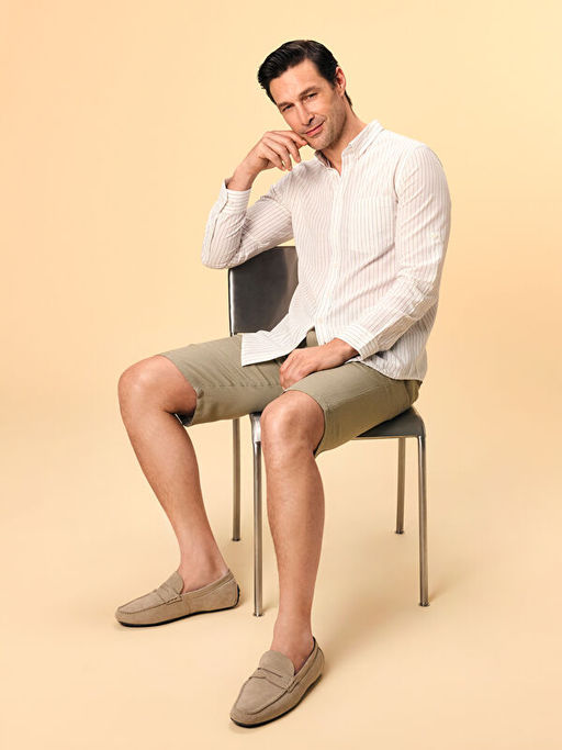 Regular Fit Uzun Kollu ?izgili Keten Kar???ml? Erkek G?mlek