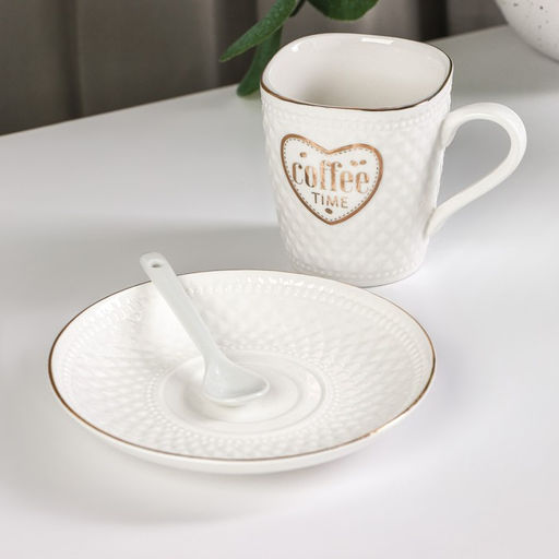 Кофейная пара с ложкой Coffee, 2 предмета: кружка 190 мл, блюдце, керамика, белая