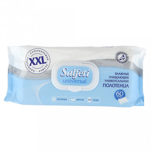 Полотенце влажное "Salfeti Universal XXL" 60шт в упаковке, очищающее, универсальное, пластмассовый клапан, голубой (Россия)