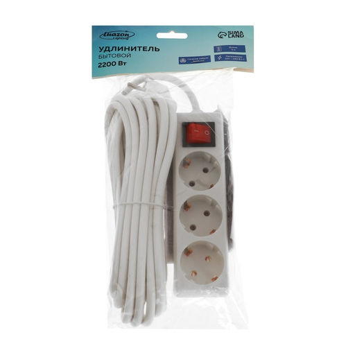 Удлинитель Luazon Lighting, 3 розетки, 5 м, 16 А, 3500 Вт, 3х1.5 мм2, с заземлением, с выключателем, белый