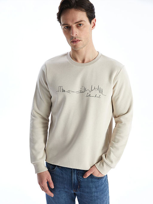 Bisiklet Yaka Bask?l? Erkek Kal?n Sweatshirt