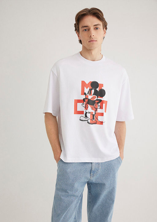 Mickey Mouse Bask?l? Beyaz Tisort - Mavi фото 3
