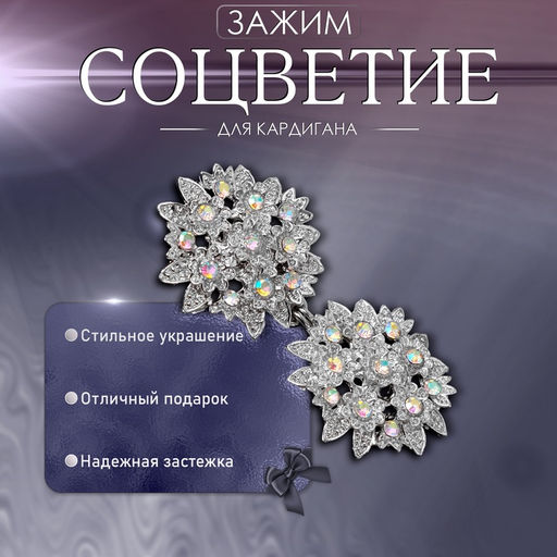 Зажим для кардигана Соцветие, радужный в серебре