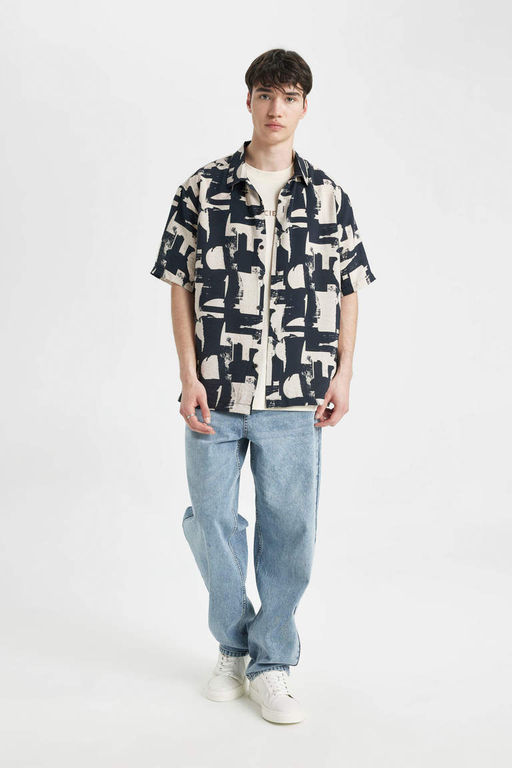 Рубашка с короткими рукавами и воротником-поло с принтом Relax Fit - Defacto фото 2