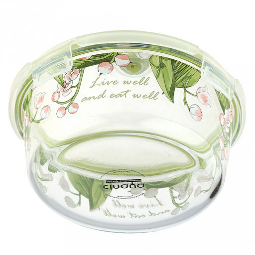 Контейнер стеклянный Ландыши 900мл, д17см h6,6см, боросиликатное стекло, с деколью, круглый, пластмассовая крышка с пароотводом, герметичная, с клипсами, с силиконовым уплотнителем (Китай) - Домашняя Мода фото 8