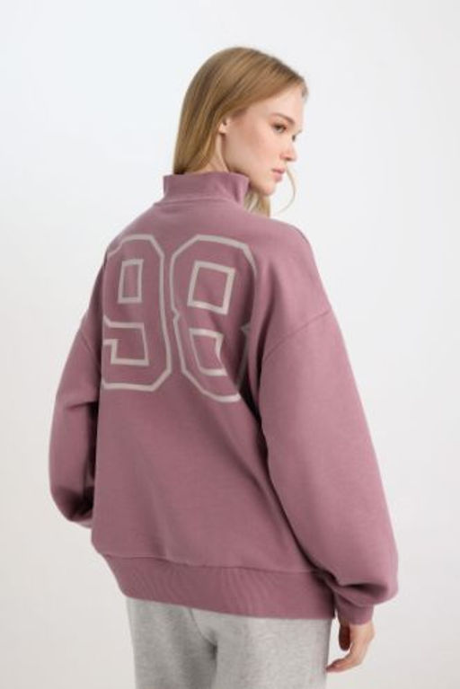 Coool Oversize Genis Kal?p Fermuarl? Dik Yaka S?rt Bask?l? Kal?n Sweatshirt