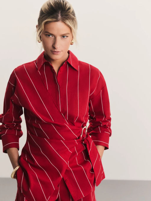 Льняная рубашка в полоску с декоративной пряжкой / Zarina  фото 3