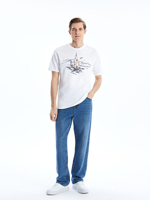 Bisiklet Yaka K?sa Kollu Bask?l? Penye Erkek Ti??rt