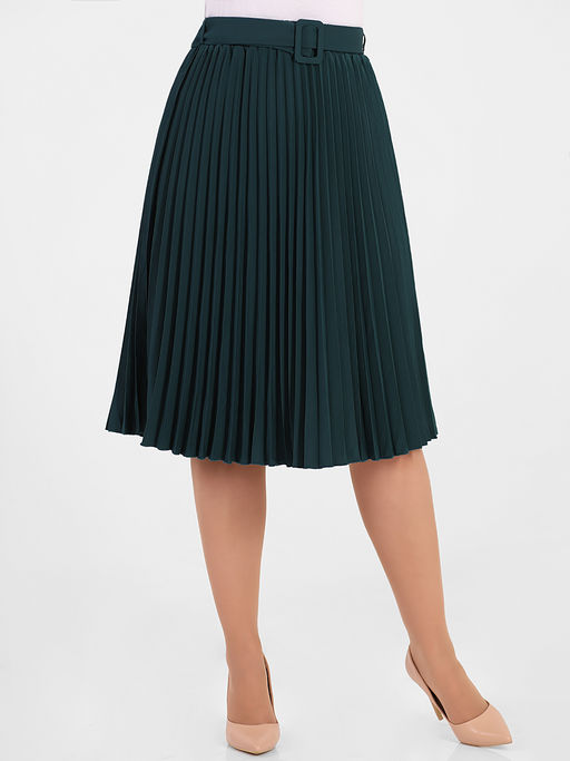 Темно-зеленая плиссированная юбка с поясом классическая - Almond фото 4