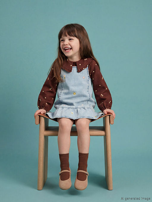 Kare Yaka Nak??l? K?z ?ocuk Jean Salopet Elbise