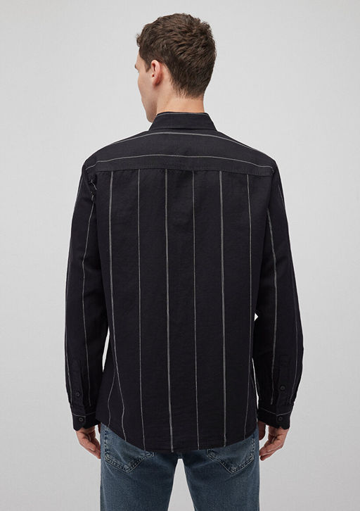Cizgili Siyah Gomlek - Mavi фото 4
