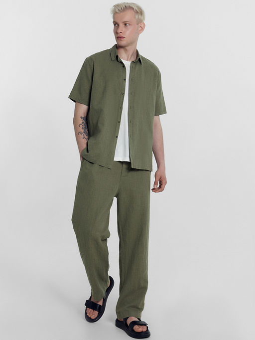 Рубашка мужская оливково-зеленая из хлопка и льна - Mark formelle фото 2