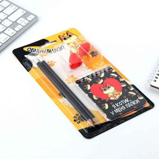 Подарочный набор канцелярский, ластики 2 шт., блокнот, карандаши «Котик»