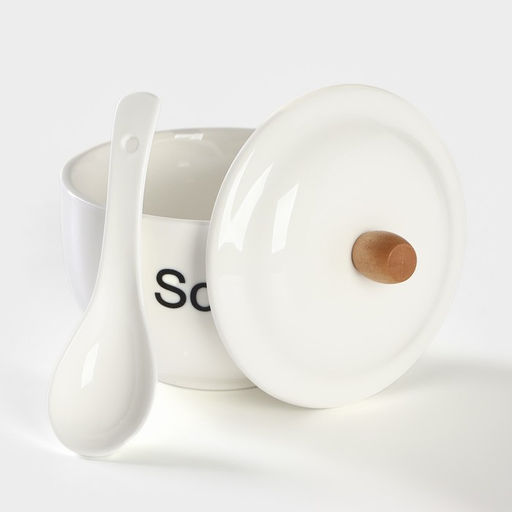 Супница BellaTenero, 450 мл, 15×11.5×7.5 см, с ложкой, на бамбуковой подставке, фарфор, белая