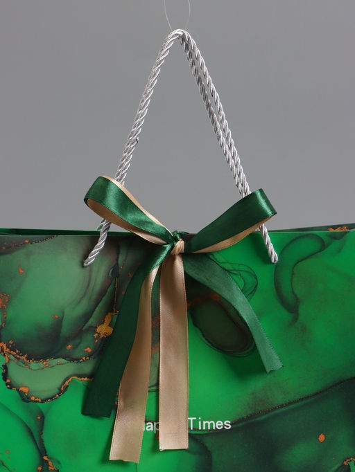 Пакет подарочный ламинированный «Мрамор», зеленый с бантиком, 32×25×11 см