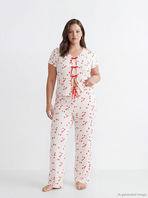 Ba?lama Detayl? Kalp Bask?l? Kad?n Pijama Tak?m?