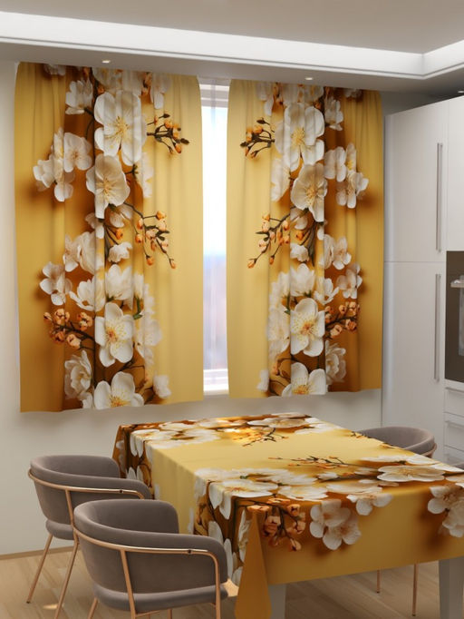 Фотошторы для кухни Нежные весенние цветы Скатерть 145*145