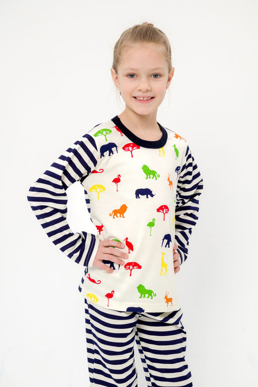 Пижама детская из джемпера и брюк без манжет из интерлока Сафари темно-синий полоса - Амадэль фото 19