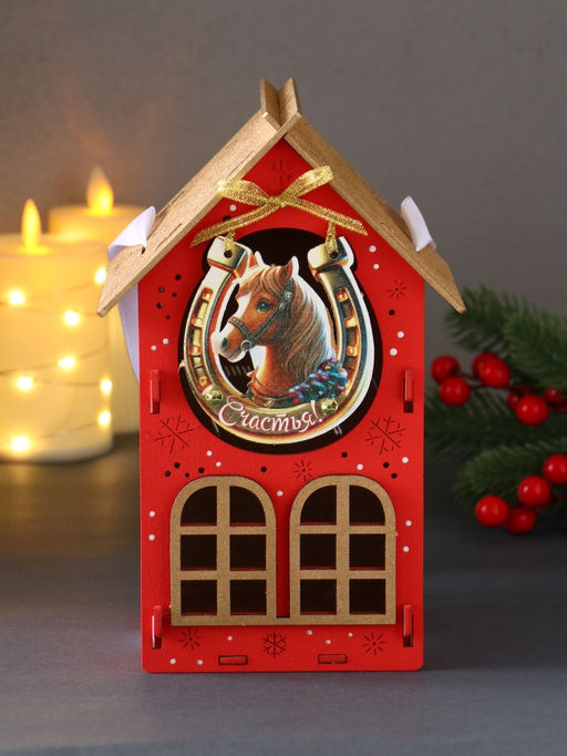 Деревянная шкатулка подарочная Новогодний домик, упаковка, с магнитом, 13.5?11.5?21 см, красный