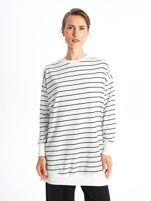 Bisiklet Yaka ?izgili Uzun Kollu Kad?n Sweatshirt