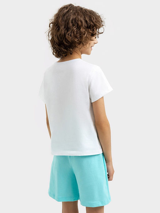 Комплект для мальчиков (белая футболка, бирюзовые шорты), с принтом скатов и текстом - Mark formelle фото 3