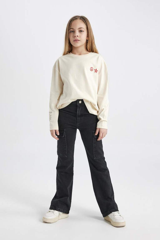 Футболка Relax Fit для девочек с круглым вырезом и длинными рукавами с принтом - Defacto фото 4