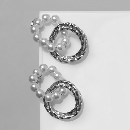 Серьги металл Два кольца бусины и металл, цвет серебро