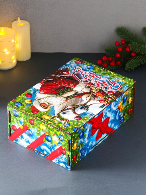 Новогодняя шкатулка подарочная Дед Мороз и лошадь, для подарков, самосборная, 28?19.5?11 см