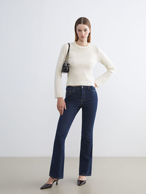 Bisiklet Yaka Boncuk ??lemeli Kad?n Triko Kazak