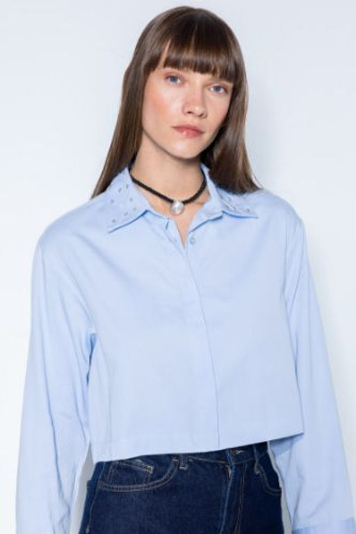 Crop Basic Duz Dugmeli Dokuma Uzun Kollu Gomlek