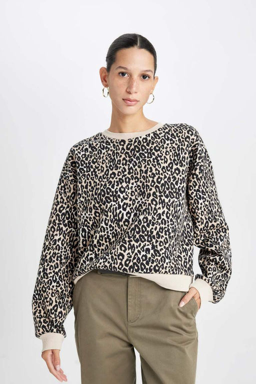 Толстый свитшот свободного кроя с круглым вырезом и леопардовым узором - Defacto фото 3