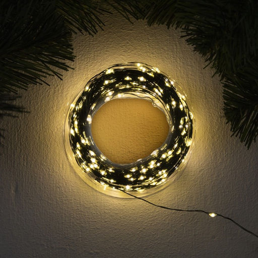 Гирлянда Нить 50 м роса, IP44, зелёная нить, 500 LED, свечение тёплое белое, 8 режимов, 31 В