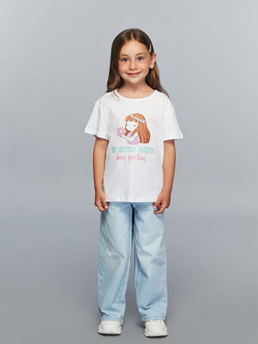 Bisiklet Yaka Bask?l? K?z ?ocuk Ti??rt