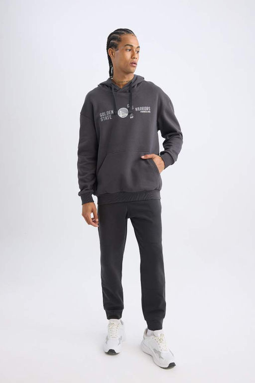 Мужской антрацитовый толстый свитшот DeFactoFit NBA Golden State Warriors свободного покроя с капюшоном и принтом  фото 2