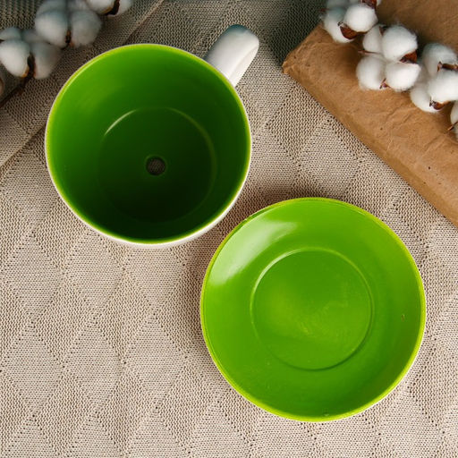 Горшок для цветов в форме чашки «Эмма: цветы» керамический, с поддоном, 1.3 л, 19×15×10 см, бело-зелёный с рисунком