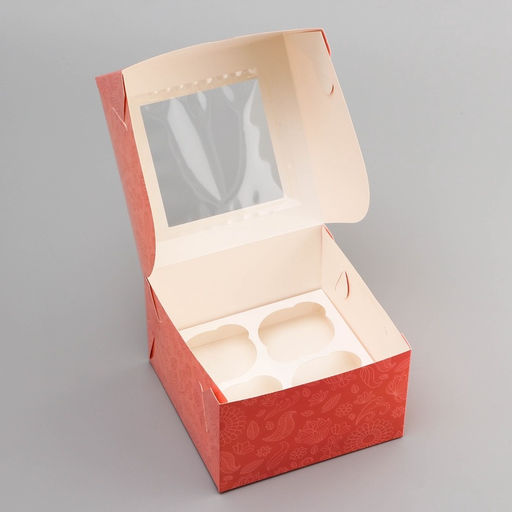 Цена за 5 шт. Коробка под 4 капкейка с окном, С Праздником 8 марта, 16?16?10 см