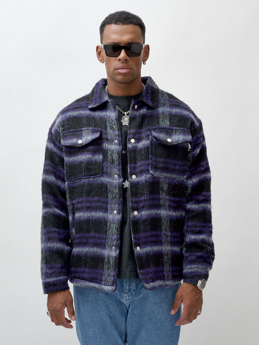 Куртка рубашка шерстяная в клетку мужская демисезонная темно-фиолетового цвета 58569TF